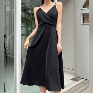 Solid Surplice Neck Cami Midi A-line Lightweight Black Dress